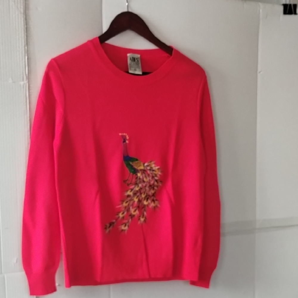 Vintage Ades Red Women Sweater W/ Peacock Graphic SZ Medium Colorful Chic